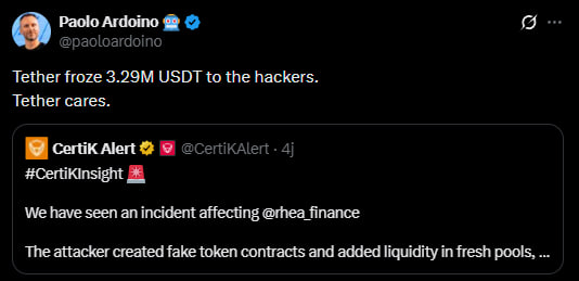 Tether Langsung Bekukan Jutaan USDT Usai RHEA Finance Diretas $7.6M