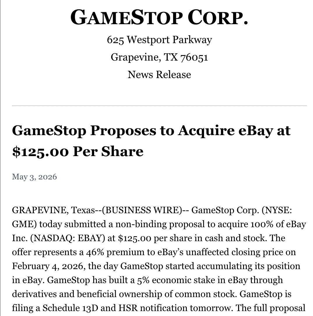 Game Stop Mengusulkan Akuisisi eBay dengan Harga $125,00 per Saham